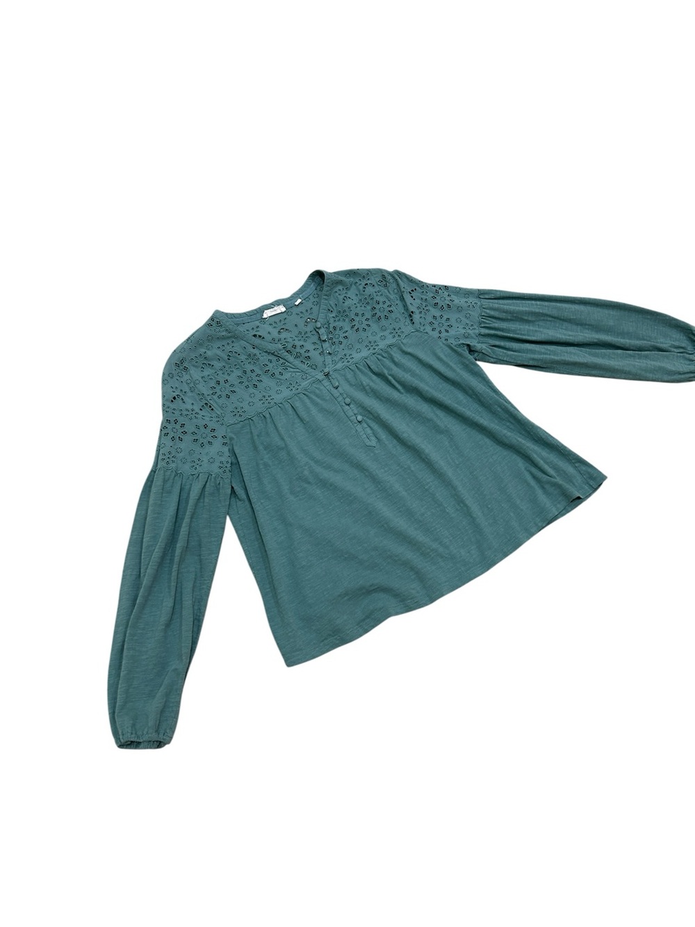 Fat Face Sage Green Eyelet Yoke blouse Top tiny buttons stretchy size large - Picture 3 of 9